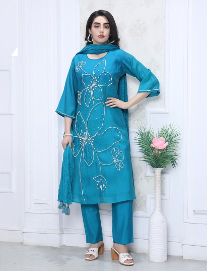 Blue silk straight cut kurti set festive elegance