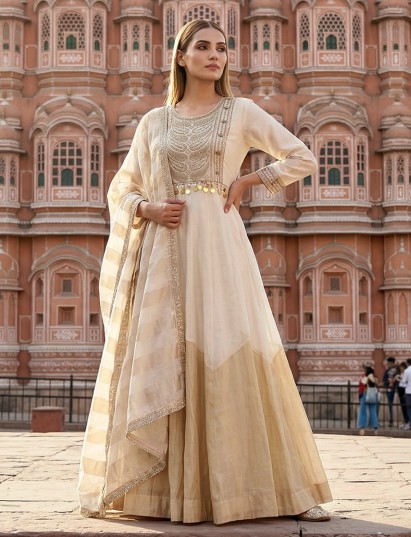 Cream silk anarkali suit for wedding wear