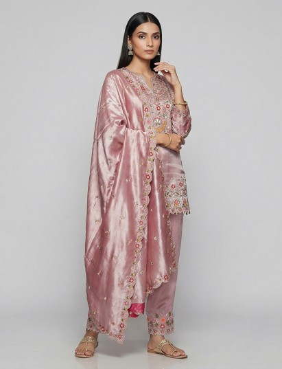 Coral pink silk festive salwar suit