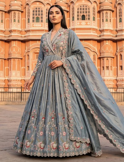 Stone blue silk embroidered anarkali suit