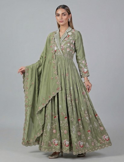 Green silk embroidered anarkali suit with dupatta