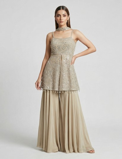 Beige net elegant palazzo suit