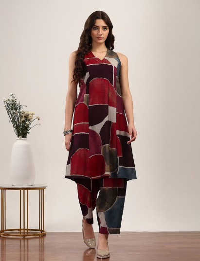 Brown silk sleeveless printed kurti set casual charm