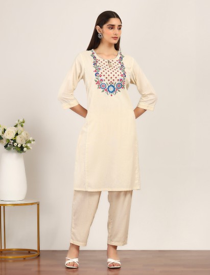 Cream cotton linen yoke style embroidered kurti set