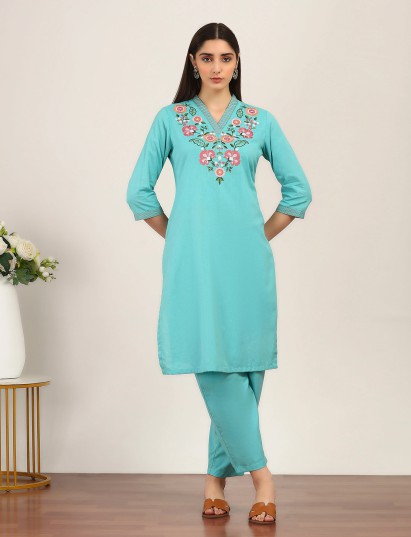 Aqua blue silk yoke style embroidered kurti set