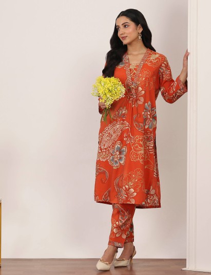 Rust orange cotton silk floral printed kurti set