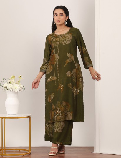 Mehendi olive cotton silk printed kurti palazzo set