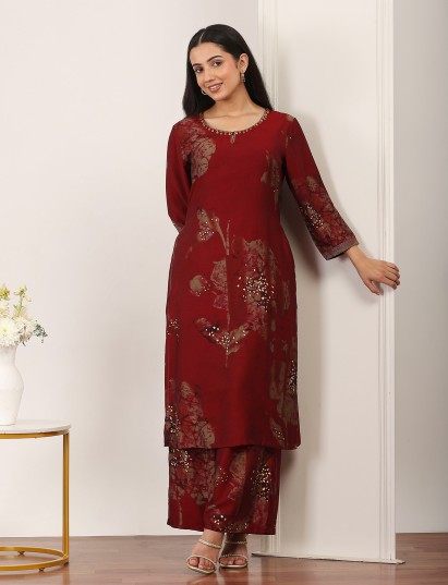 Maroon cotton silk printed kurti palazzo set stylish look