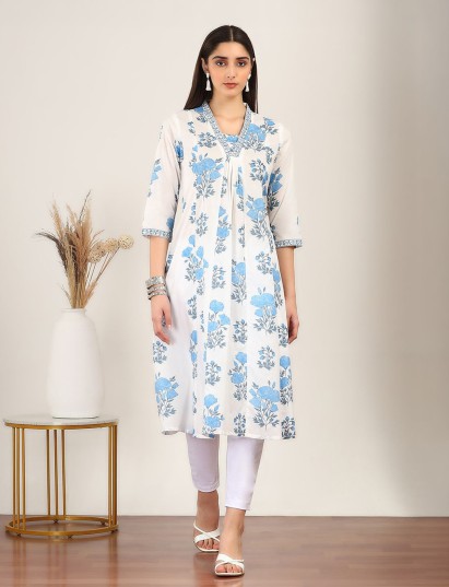 White cotton silk floral printed kurti v neck style
