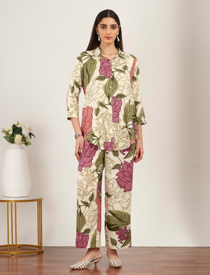 Cream cotton silk floral printed co ord kurti set