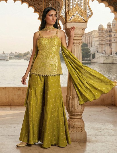 Mehendi green silk sleeveless palazzo suit