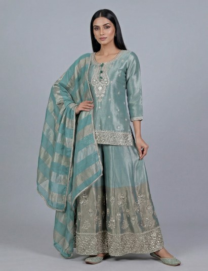 Sky blue silk pakistani style palazzo suit