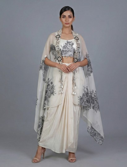 Cream silk indowestern suit with long shrug