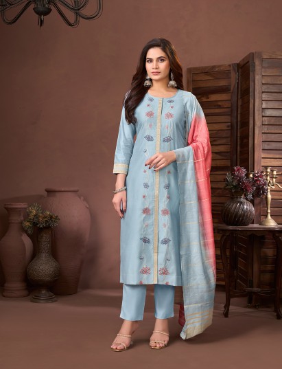 Sky blue silk embroidered festive salwar suit with dupatta