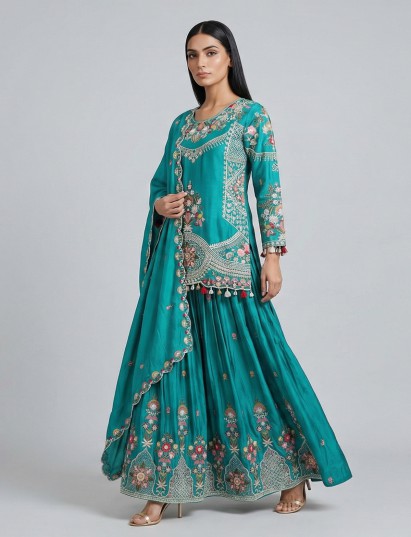 Rama green silk lehenga style festive suit