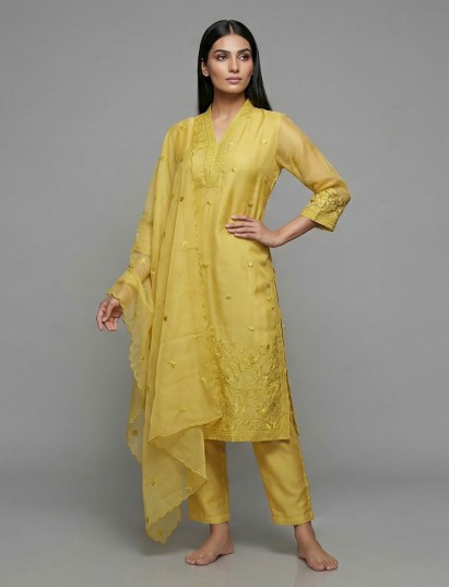 Mehendi yellow georgette kurti set festive elegance