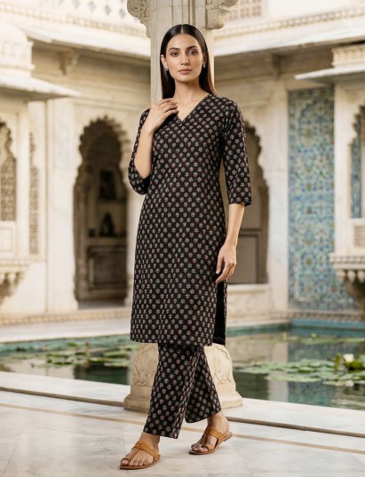 Black cotton printed straight cut kurti set everyday wear