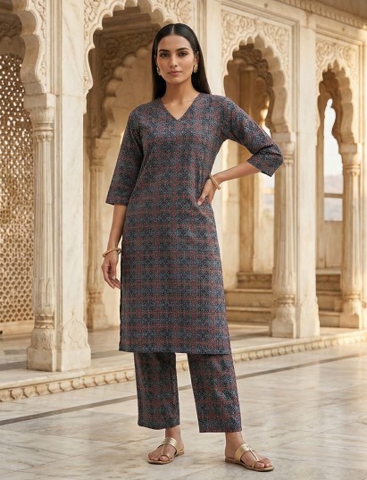 Stone blue cotton printed kurti set casual elegance