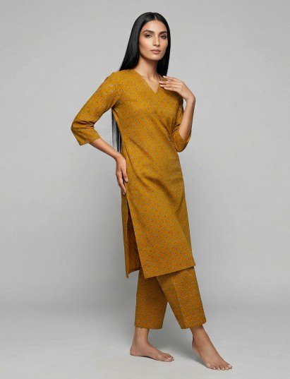Mustard yellow cotton printed kurti set vibrant look