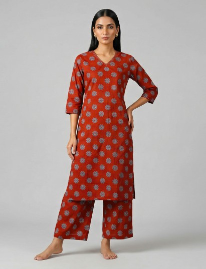 Maroon cotton silk printed kurti set