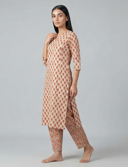Cream cotton silk printed kurti set with subtle charm