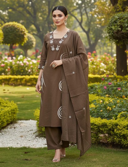 Brown cotton straight cut kurti set