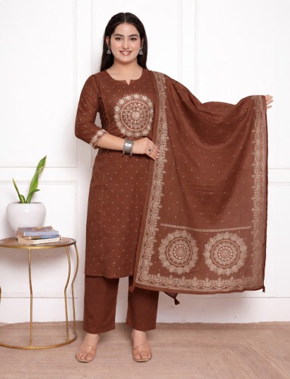 Brown cotton silk festive kurti set