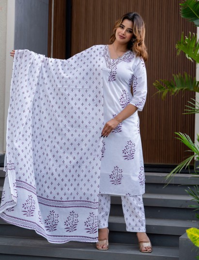 White printed cotton kurti set for women festive wear