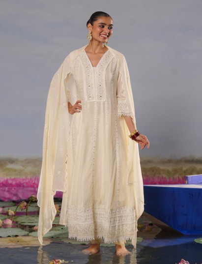 Cream cotton thread embroidered kurti set