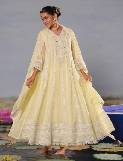 Light yellow festive cotton kurti set