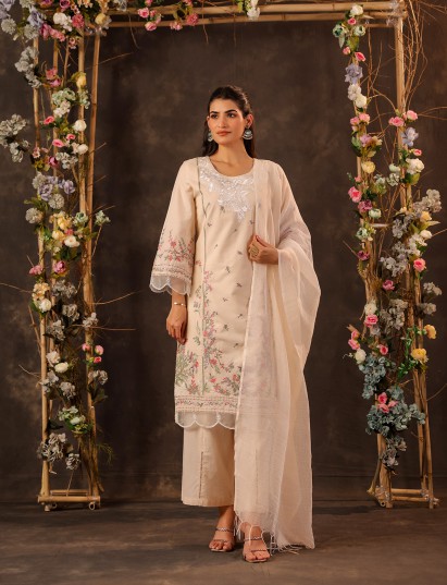 Beige cotton straight fit kurti set
