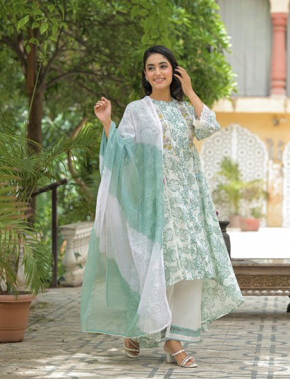 Mint green cotton festive kurti set with embroidery