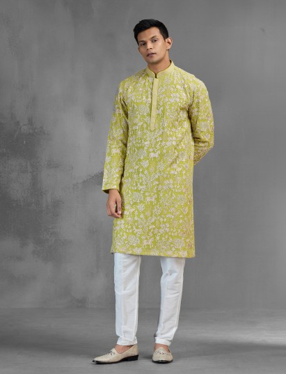 Silk lime green men kurta suit with rich zardosi