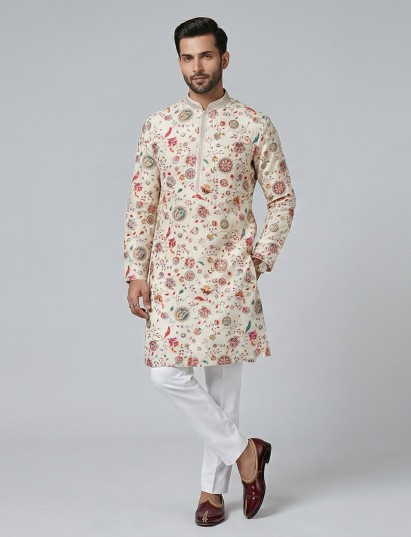 Cream silk floral resham work festive kurta suit