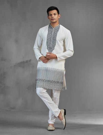 Elegant white banarasi men kurta suit with ombre