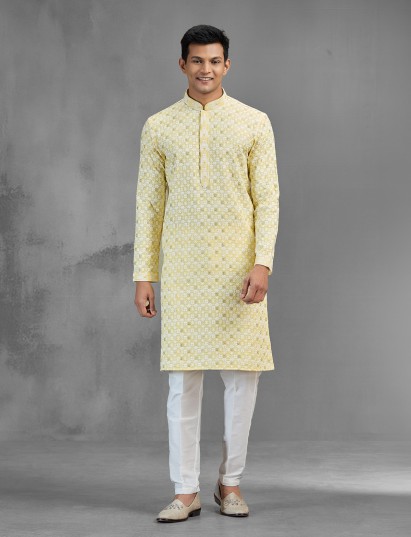Festive yellow cotton men kurta suit chikankari design