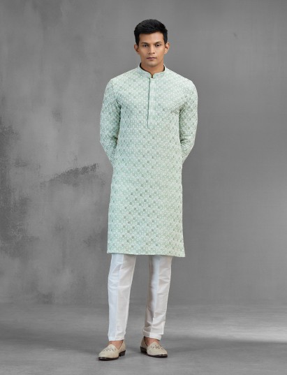 Green cotton men kurta suit chikankari festive wear
