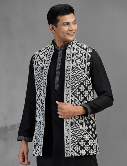 Timeless black art silk men waistcoat set style