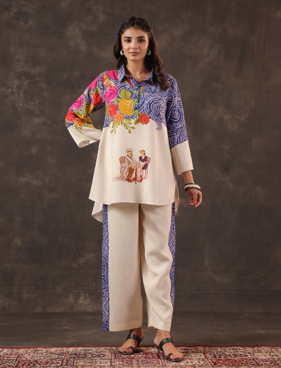 Beige silver linen printed casual festive women co ord set