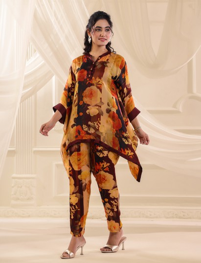 Yellow brown satin floral kaftan style co ord set