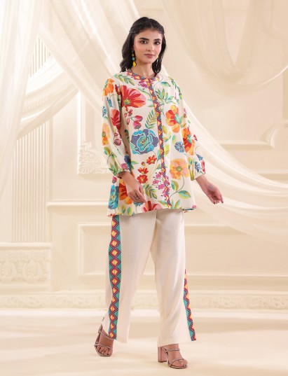 Cream silver linen floral printed festive casual co ord set