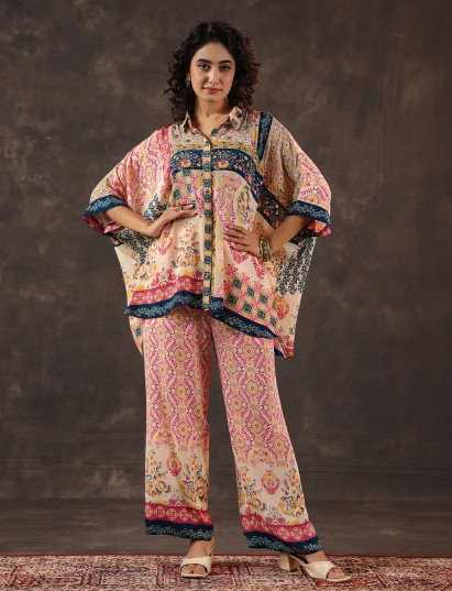 Pink beige viscose crepe printed women co ord palazzo set