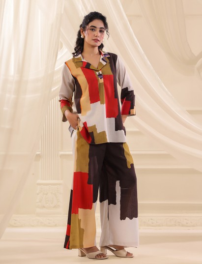 Multicolor silver linen printed festive casual co ord set