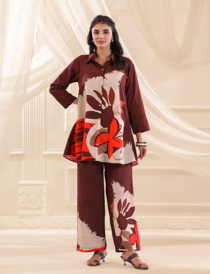Brown silver linen printed casual women co ord pant set