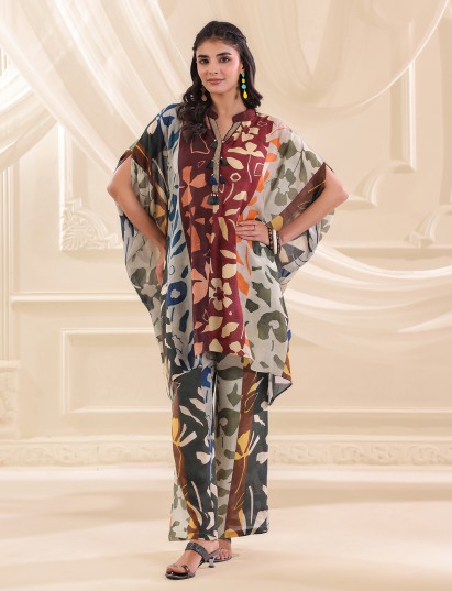 Multicolor silver linen kaftan style women co ord pant set