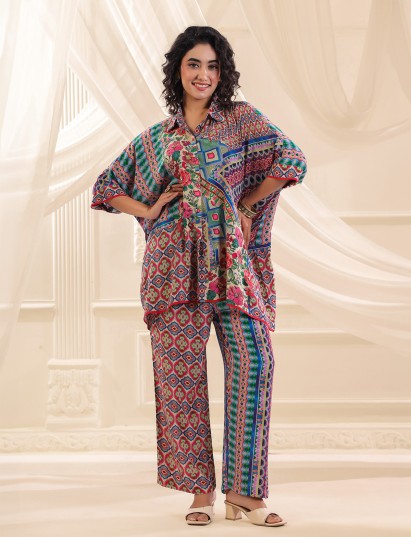 Multicolor viscose crepe printed festive co ord set