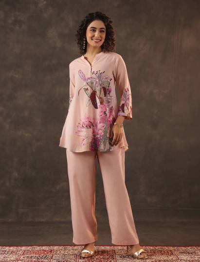 Peach silver linen sequin printed co ord set