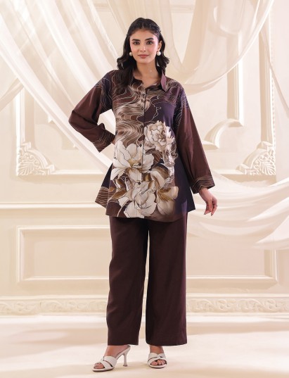 Coffee color silver linen floral printed co ord palazzo set