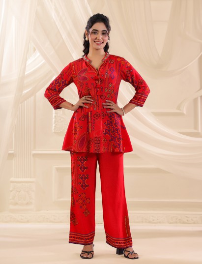 Red viscose crepe embellished printed festive co ord set