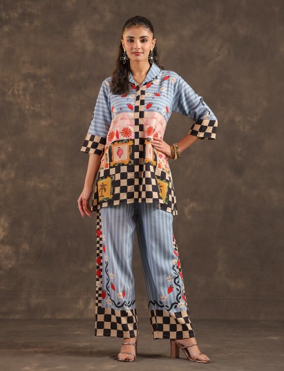 Sky blue silver linen printed casual women co ord palazzo